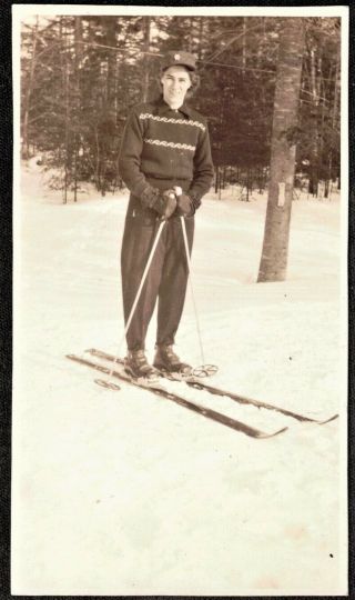 Vintage Antique Photograph Young Man Standing In Snow Skis