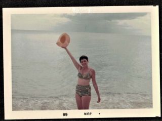 Antique Vintage Photograph Sexy Woman In Bathing Suit Waving Hat In Air By Water