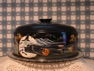 Vintage Aluminum Cake Cover & Glass Dish Halloween Witch Pumpkins Folk Art