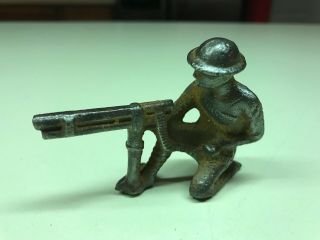 Old Vtg Cast Iron Train Garden Toy Military Soldier Man Kneeling With Rifle Gun