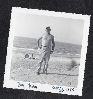 Vintage Antique Photograph Older Shirtless Man With Cap Standing On The Beach