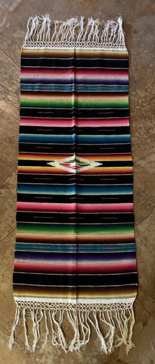 Vintage Mexican Saltillo Serape Wool Table Runner Rug 18.  5” X 42”,  Fringe