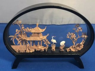 Vintage Hand Carved Cork Art In Glass Pagoda Scene Glass Encased China Trees