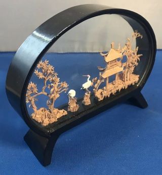 Vintage Hand Carved Cork Art in Glass Pagoda Scene Glass Encased China Trees 3
