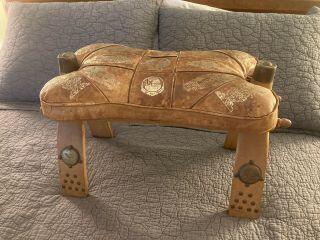 Vintage Camel Saddle Egypt Middle Eastern Leather Wood Footstool Ottoman Stool