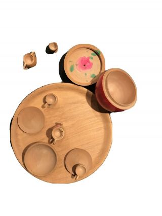 Vintage Wooden Apple Toy With Tea Set.  Made In Japan.