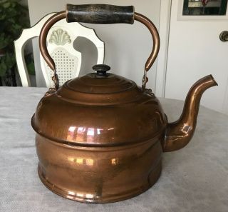 Vintage Large Revere Primitive Copper Tea Kettle With Wooden Handle