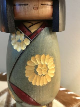 Japanese KOKESHI Wooden Doll 9”T Deep Carved Floral Kimono Girl Signed 3