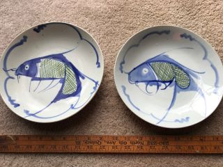 2 Vintage Chinese Porcelain Koi Fish Plates White Green Blue