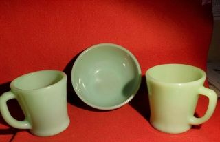 Vintage Collectible Fire King Oven Ware - Set Of 2 Mugs And A Jadeite Green Bowl