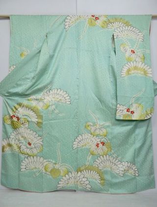 0630n09z950 Vintage Japanese Kimono Silk Furisode Light Blue - Green Paulownia