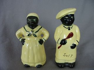 Vintage Large Ceramic Black Americana Salt & Pepper Shakers - Chef And Lady - Yell