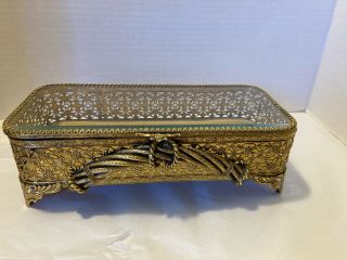 Vintage Ornate Ormolu Jewelry Casket Trinket Box - Beveled Glass - Extra Long