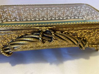 Vintage Ornate Ormolu Jewelry Casket Trinket Box - Beveled Glass - Extra Long 2