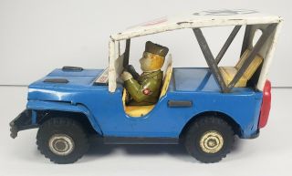 Vintage Tin Toy Friction Military Police Mp Jeep W Driver Blue White Japan