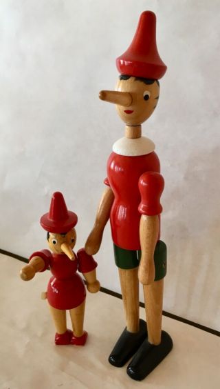 Two Vintage Wooden Pinocchio Dolls Made In Italy 12”,  6 1/2”