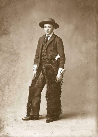 Antique Photo.  Cowboy Chaps Pistol,  Studio Photo C1900s.  Photo Reprint 5x7