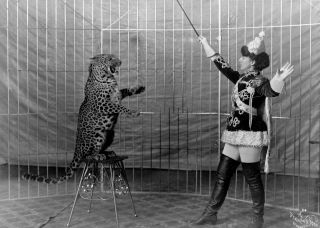 Antique Photo.  Circus Trainer & Leopard Early 1900 