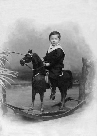 Antique Photo.  Young Boy On Wooden Horse Studio Photo.  Photo Print 5x7