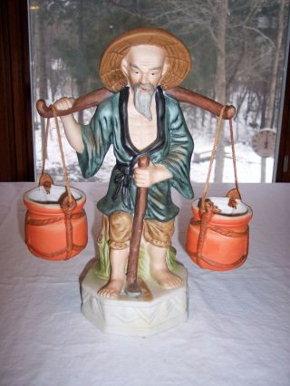 Vintage 12” Porcelain/ceramic Old Man Carrying Water Buckets Figurine