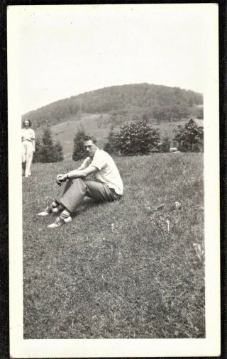 Antique Vintage Photograph Man Sitting On Grassy Hill Wearing Saddle Shoes