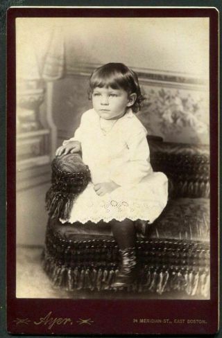 ANTIQUE CABINET PHOTO DARLING LITTLE GIRL on FRINGED CHAIR by AYER of BOSTON MA 2