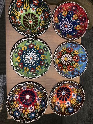 Set Of 6 Rare Turkish Hand - Made,  Hand - Painted Finger Bowls,  Colorful Ceramic