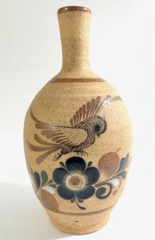Vintage Tonala Mexican Art Pottery Vase Bird Floral Art Jalisco Mexico Signed