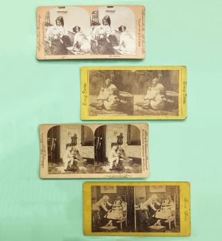 1890s Four Stereoviews Of Young Girls With Dolls And Dogs And Grandma