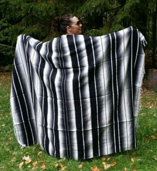 Mexican Serape Sarape Fringed Blanket Bedspread 84 " X 60 " Stripes Black & White