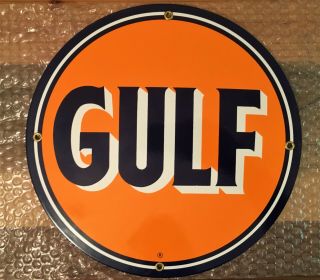 Ande Rooney Vintage Gulf Gas & Oil 11 1/4 " Porcelain On Steel Pump Plate Sign