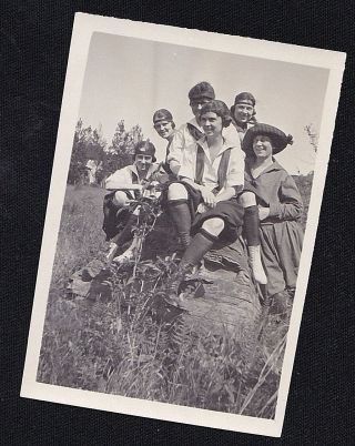 Vintage Antique Photograph Group Of Women In Cool Outfits Sitting On Large Rock
