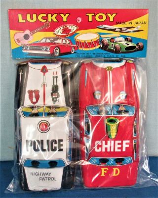 Tin Emergency Cars Police Car & Fire Chief 1960’s Japan Import 6 Inches
