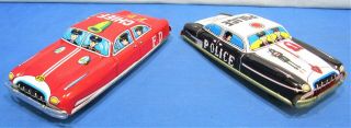 Tin Emergency Cars Police Car & Fire Chief 1960’s Japan Import 6 Inches 2