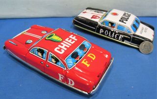 Tin Emergency Cars Police Car & Fire Chief 1960’s Japan Import 6 Inches 3