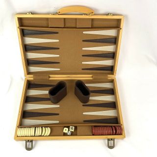 Vintage 1970s Wood Backgammon Game Set Wine & White Colored Chips Red Paint Trim