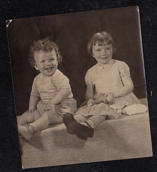 Antique Vintage Photograph Adorable Little Girl W/ Doll Sitting On Table W/ Baby
