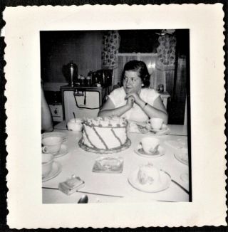Antique Vintage Photograph Woman At Table In Retro Kitchen W/ Birthday Cake