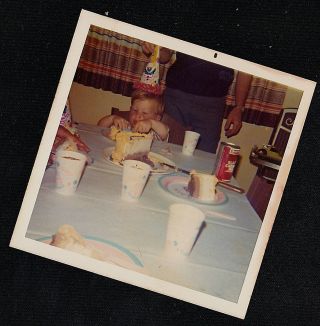 Vintage Photograph Adorable Little Boy In Party Hat Grabbing Birthday Cake