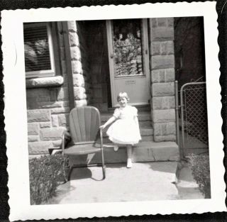 Antique Vintage Photograph Cute Little Girl Standing By Chair In Front Of House