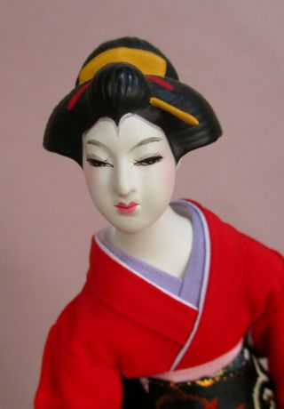 Vintage 8 " Japanese Hakata Mimasu Doll On Wood Base With Label Fabric Kimono