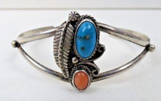 Vintage Navajo Turquoise Coral Sterling Silver Cuff Bracelet Small Size 5 1/2 "