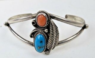 Vintage Navajo Turquoise Coral Sterling Silver Cuff Bracelet Small Size 5 1/2 