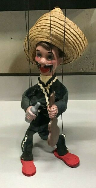 Vintage Mexican Folk Art String Puppet Guitar/bottle Marionette 1960 