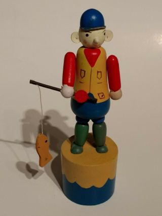 Fisherman With Fish Wooden Push Button Push Puppet Movable Toy