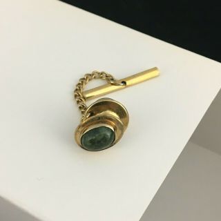 Vintage 14k Yellow Gold Oval Green Agate Anson Tie Tack Lapel Pin 1.  1 Gms