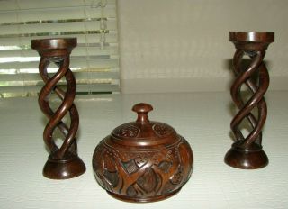 Vintage African Tribal Art Wooden Hand Carved Box With Lid And 2 Candlesticks