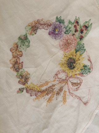 Vintage Floral Ribbon Hand Embroidered Cream Color Tablecloth 65x 85”