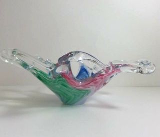 Vintage Murano Green Blue Pink Clear Art Glass Hand Blown CANDY DISH / Ash Tray 2
