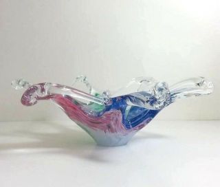 Vintage Murano Green Blue Pink Clear Art Glass Hand Blown CANDY DISH / Ash Tray 3
